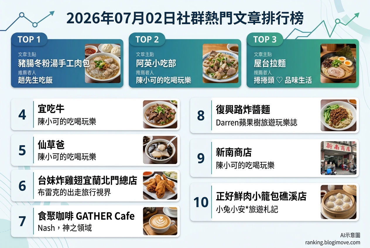 2026年07月02日| 宜蘭美食 | 熱門社群美食文章導讀：宜蘭在地人激推、巷弄隱藏版與老字號美食 @Blogimove Ranking