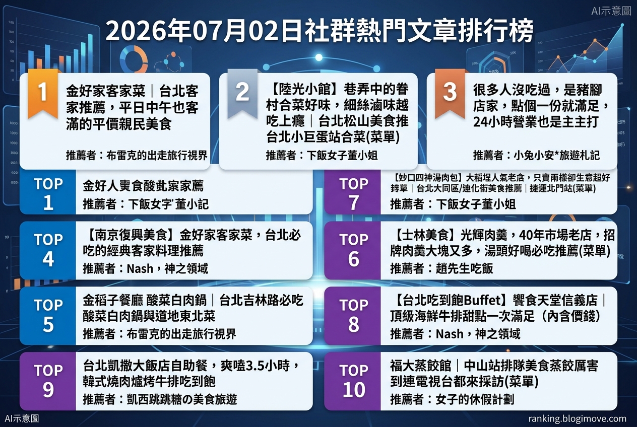 2026年07月02日 | 台北美食 | 熱門社群美食文章導讀：人氣小吃、高CP值Buffet與經典客家料理 @Blogimove Ranking