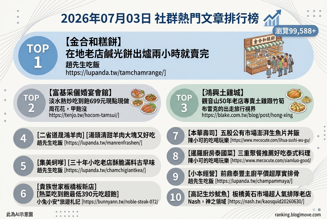 2026年07月02日 | 新北美食 | 熱門社群美食文章導讀：高CP值吃到飽、銅板價小吃與在地人氣老店 @Blogimove Ranking