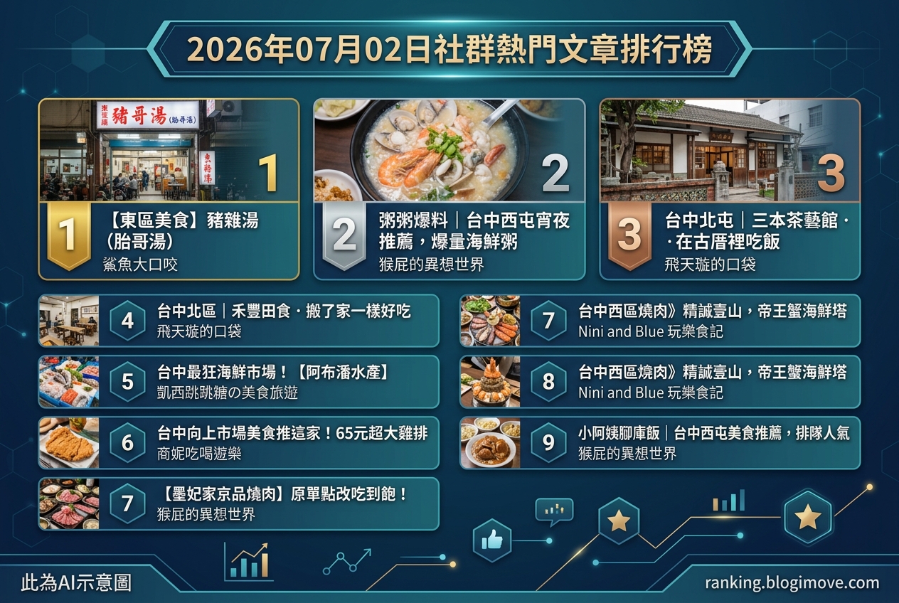 2026年07月02日| 台中美食 | 熱門社群美食文章導讀：巷弄美食、海鮮市場與高CP值炸雞。 @Blogimove Ranking