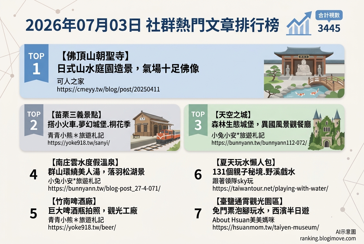 2026年07月03日 | 苗栗景點 | 熱門社群旅遊文章導讀：苗栗三義城堡、溫泉秘境與親子玩水點 @Blogimove Ranking