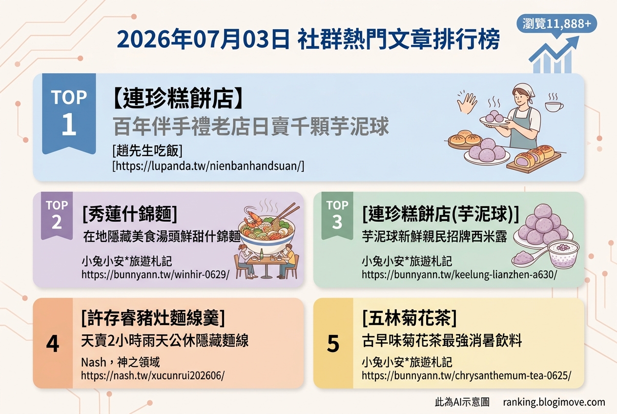 2026年07月03日 | 基隆美食 | 熱門社群美食文章導讀：百年糕餅、隱藏麵線羹與在地什錦麵。 @Blogimove Ranking