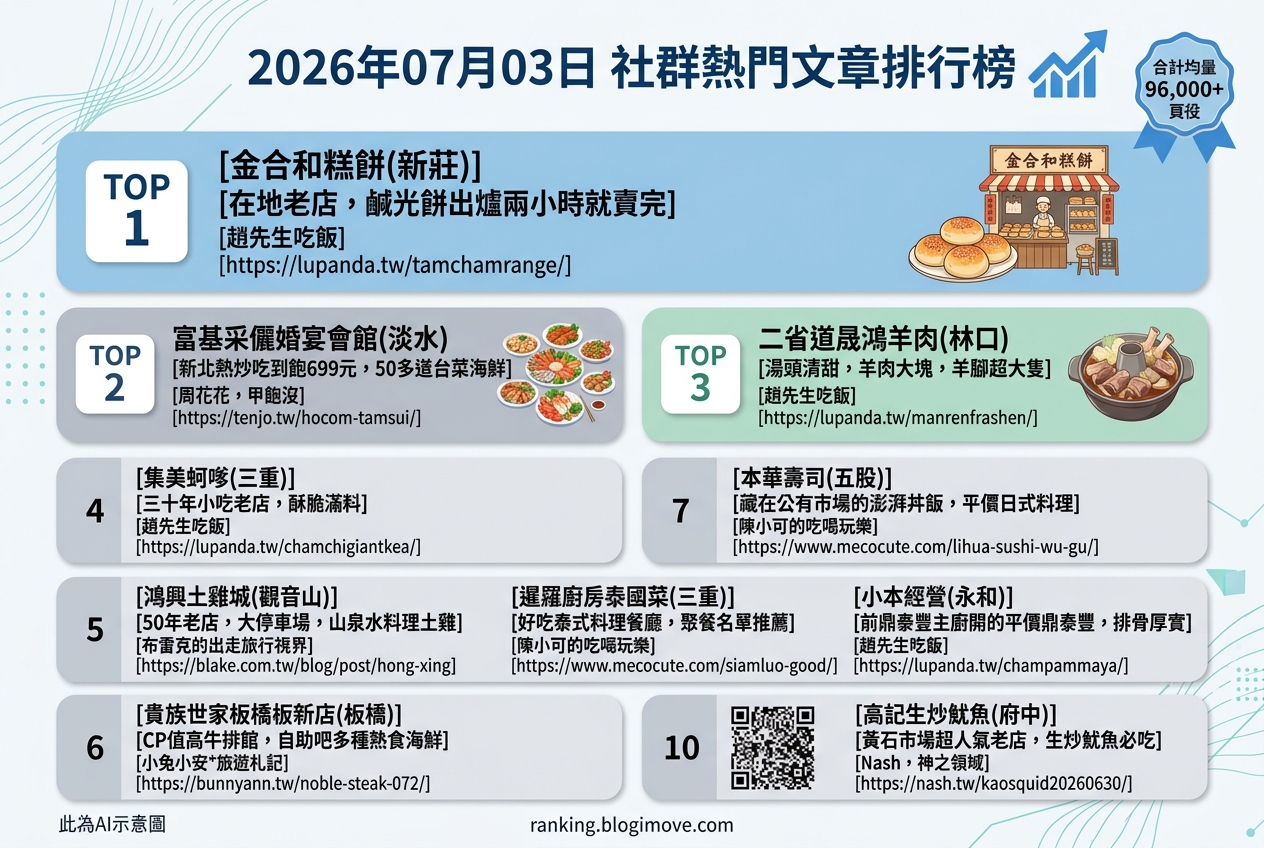2026年07月03日 | 新北美食 | 熱門社群美食文章導讀：百年月店鹹光餅、熱炒吃到飽與文青風魯肉飯。 @Blogimove Ranking