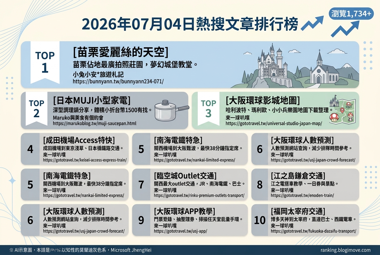 2026年07月04日| 國外旅行 | 熱搜文章導讀：日本環球影城攻略、釜山海景SPA與日韓交通懶人包 @Blogimove Ranking