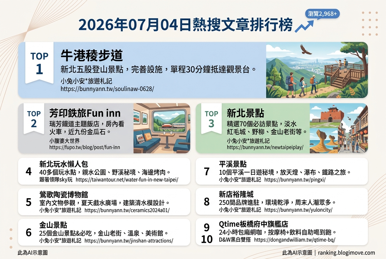 2026年07月04日| 新北景點 | 熱搜文章導讀：新北登山步道、鐵道主題住宿與夏日玩水景點推薦 @Blogimove Ranking