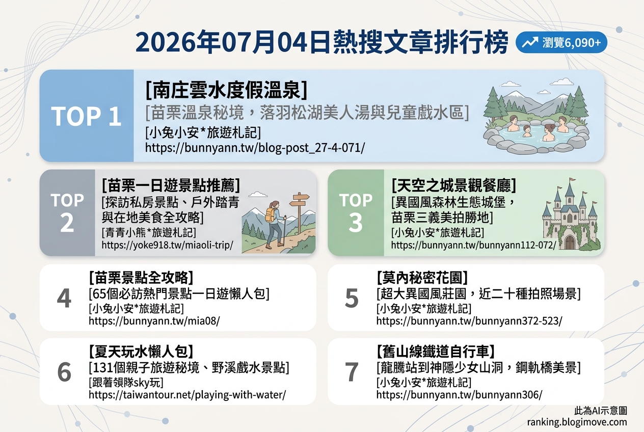 2026年07月04日 | 苗栗景點 | 熱搜文章導讀：苗栗溫泉秘境、異國風莊園與夏日玩水熱點 @Blogimove Ranking