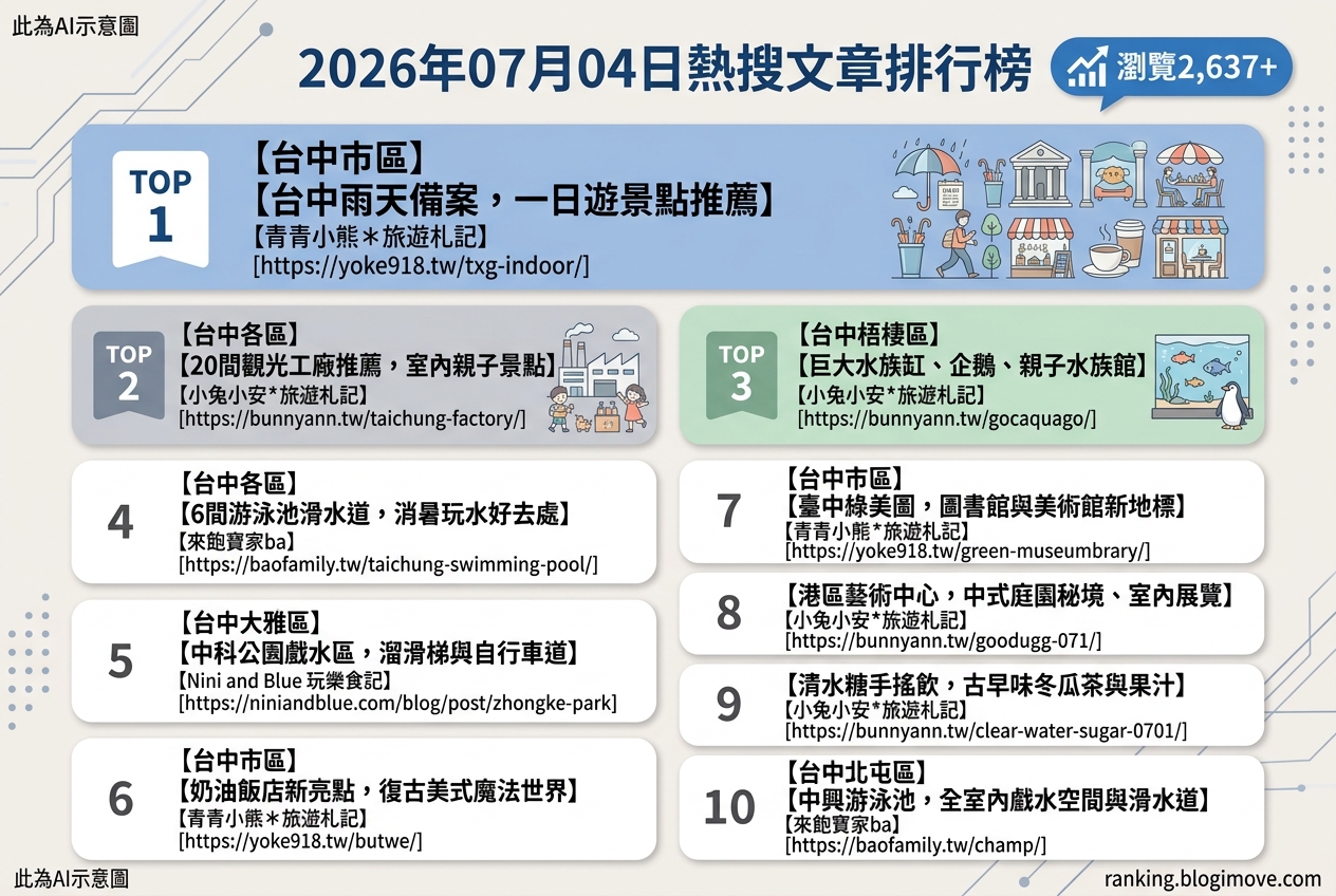 2026年07月04日 | 國內旅遊 | 熱搜文章導讀：台中室內景點、親子戲水與特色美食攻略 @Blogimove Ranking
