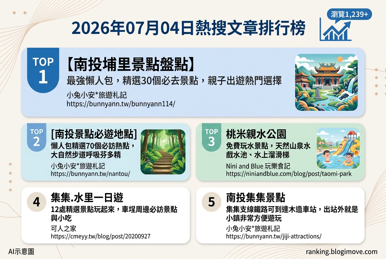 2026年07月04日| 南投景點 | 熱搜文章導讀：埔里30+景點攻略、集集鐵道風光與桃米親水樂園 @Blogimove Ranking