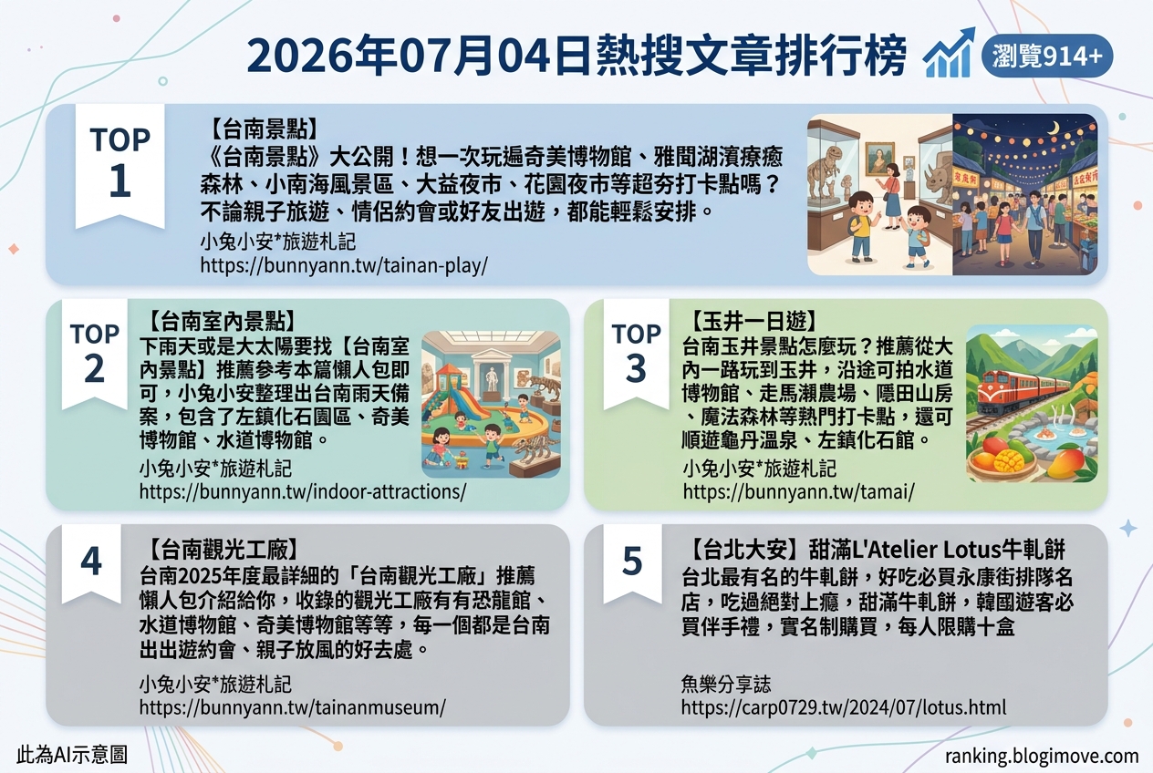 2026年07月04日| 台南景點 | 熱搜文章導讀：台南一日遊攻略、雨天室內景點與韓國遊客最愛伴手禮 @Blogimove Ranking