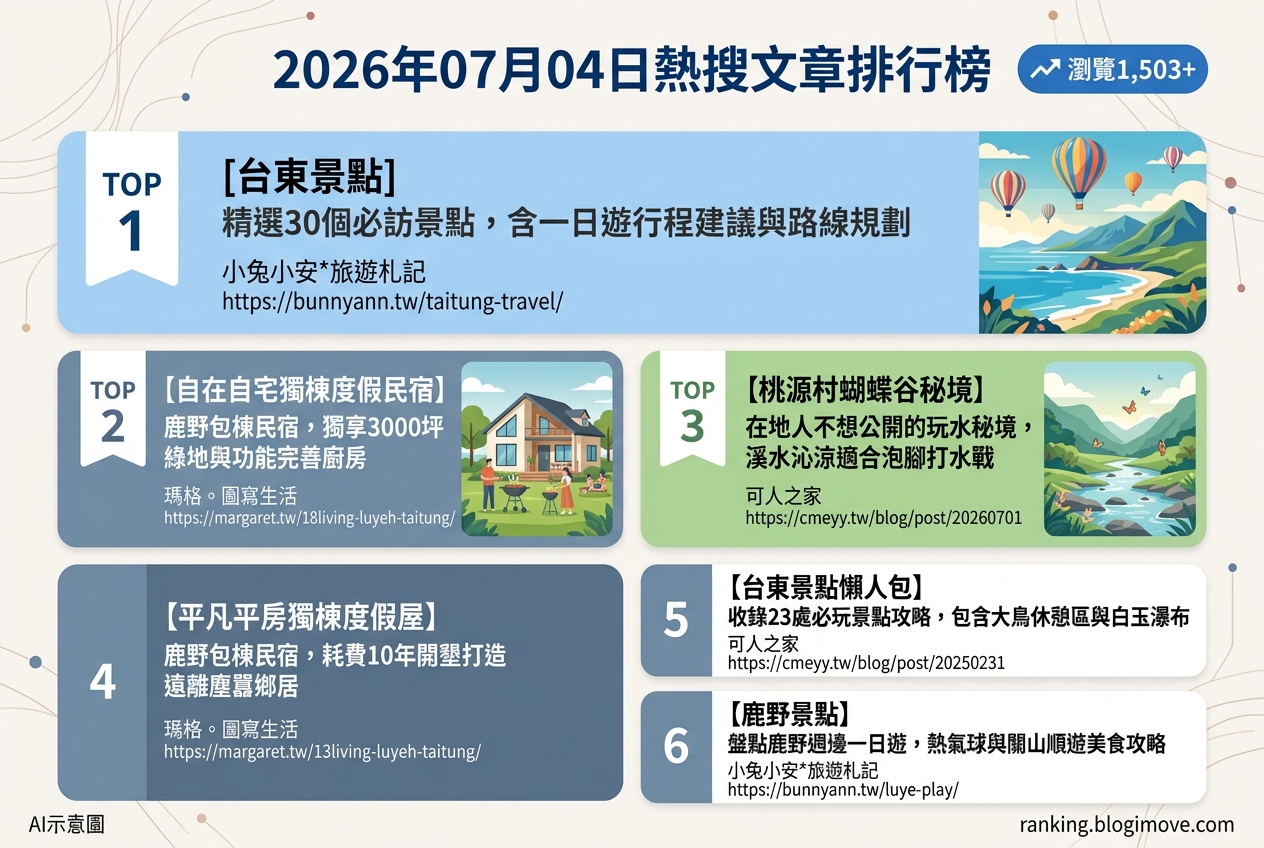 2026年07月04日| 台東景點 | 熱門搜尋文章導讀：台東景點、鹿野民宿與秘境玩水。 @Blogimove Ranking