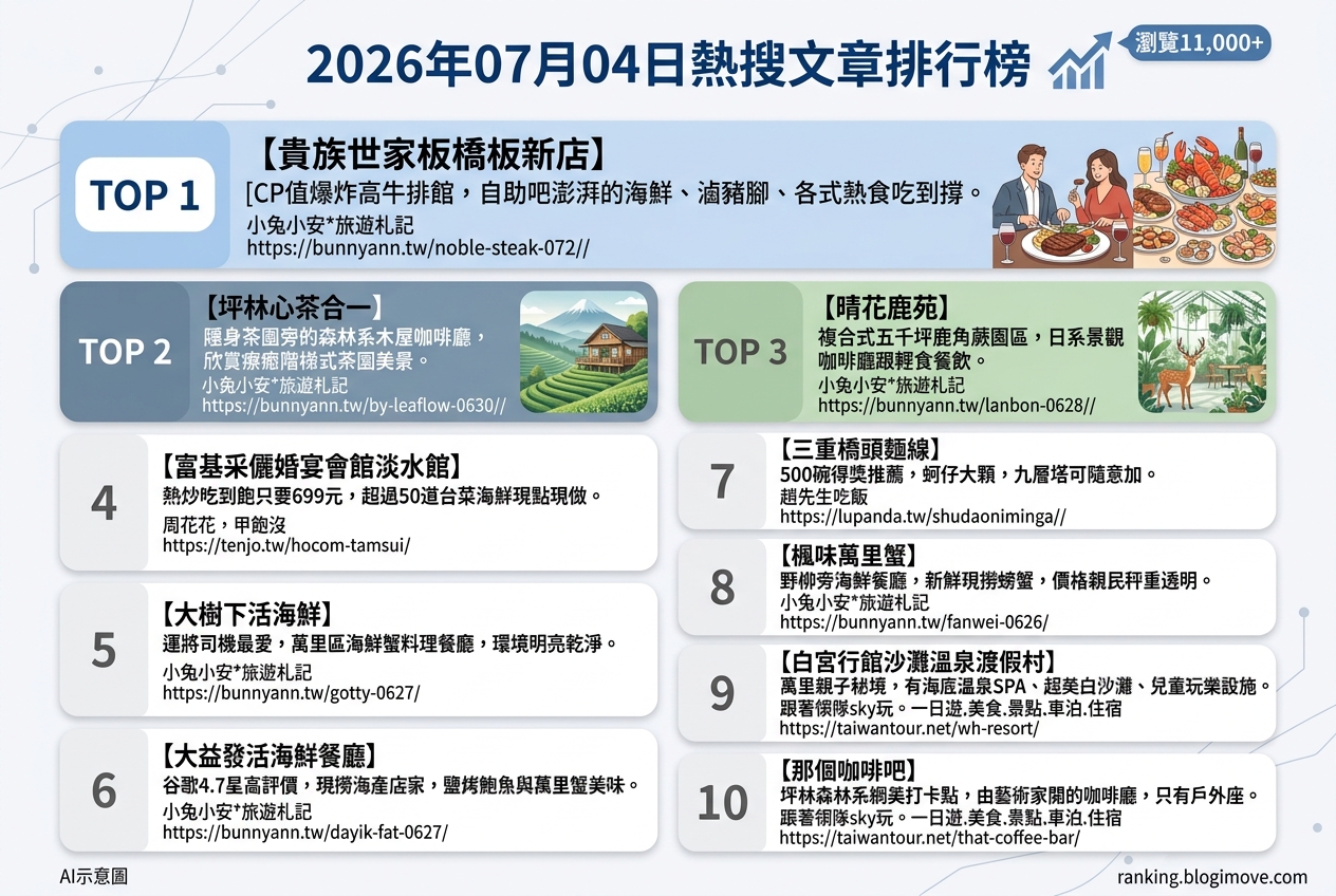 2026年07月04日 | 新北美食 | 熱搜文章導讀：吃到飽饗宴、茶園秘境與海鮮熱炒的味蕾探索 @Blogimove Ranking