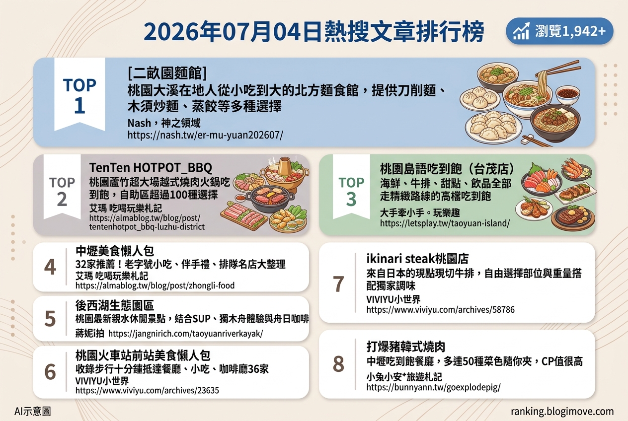 2026年07月04日 | 桃園美食 | 熱搜文章導讀：在地人激推北方麵食、日式牛排與豪華吃到飽。 @Blogimove Ranking