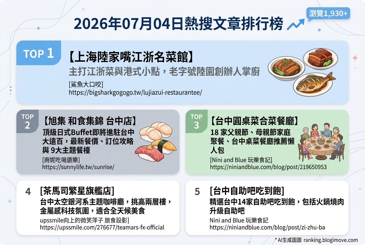 2026年07月04日 | 台中美食 | 熱搜文章導讀：上海陸家嘴江浙名菜館、旭集台中店與網美咖啡廳引領美食話題 @Blogimove Ranking