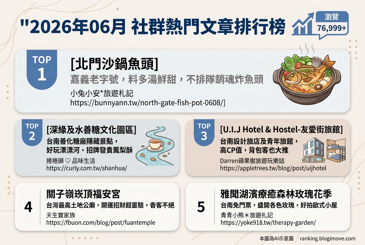2026年06月 | 國內旅遊 | 熱門社群文章導讀：嘉義砂鍋魚頭、台南文青景點與特色住宿 @Blogimove Ranking