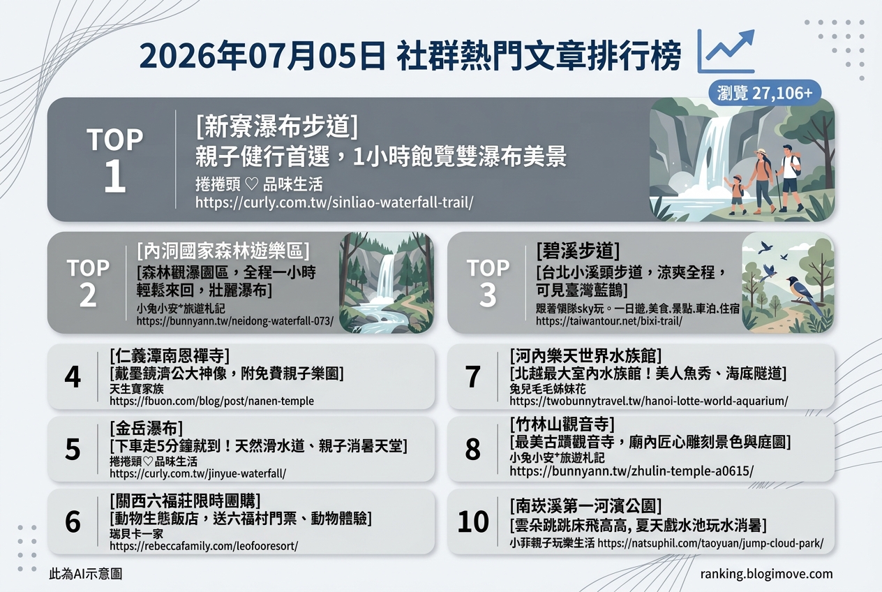 2026年07月05日 | 親子旅行 | 熱門社群文章導讀：台灣各地親子景點、消暑玩水勝地與特色住宿一覽 @Blogimove Ranking