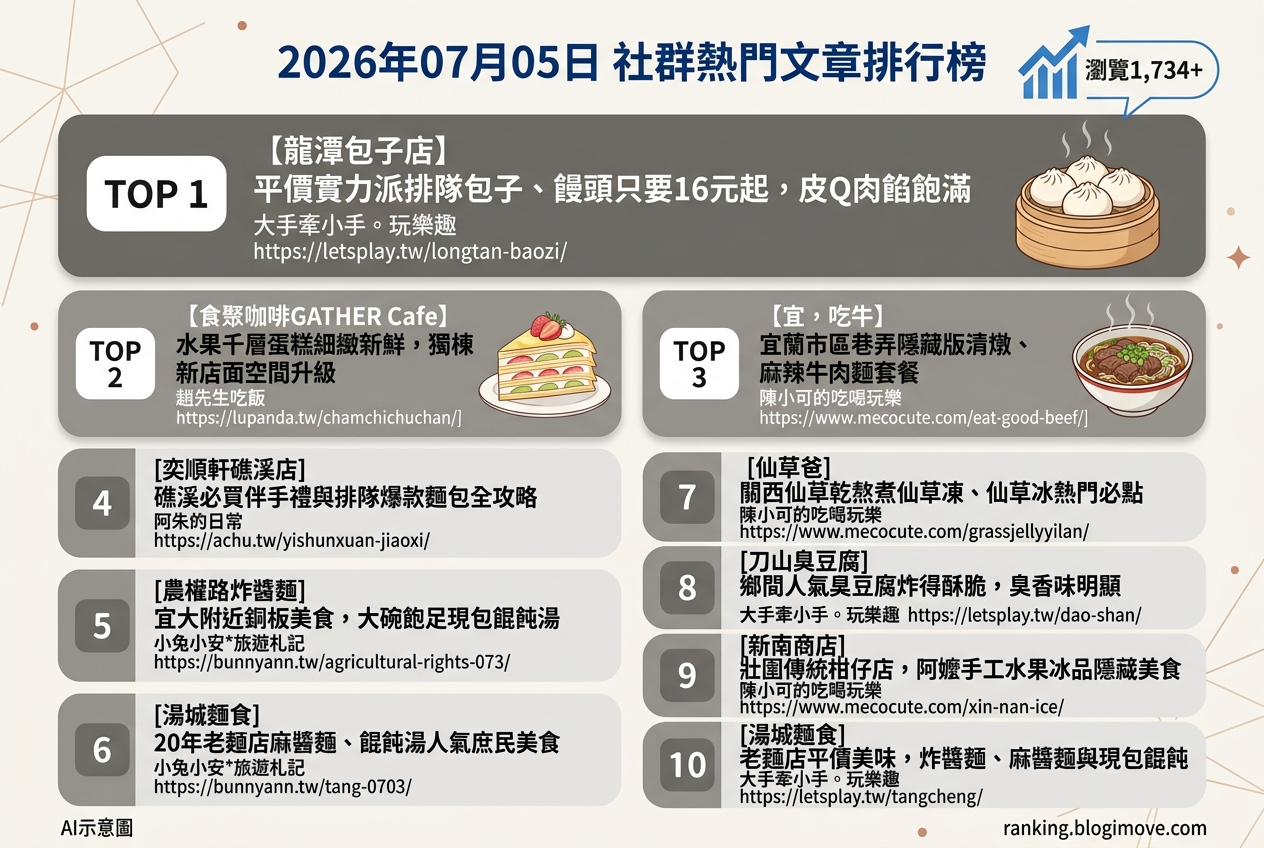 2026年07月05日 | 宜蘭美食 | 熱門社群文章導讀：銅板價人氣包子、稻田旁甜點與在地人推薦美食。 @Blogimove Ranking