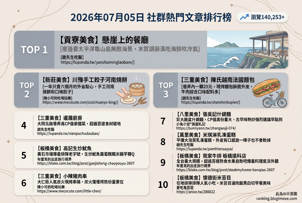 2026年07月05日 | 新北美食 | 熱門社群文章導讀：北海岸懸崖海景、新北市場小吃與三重巷弄美味。 @Blogimove Ranking