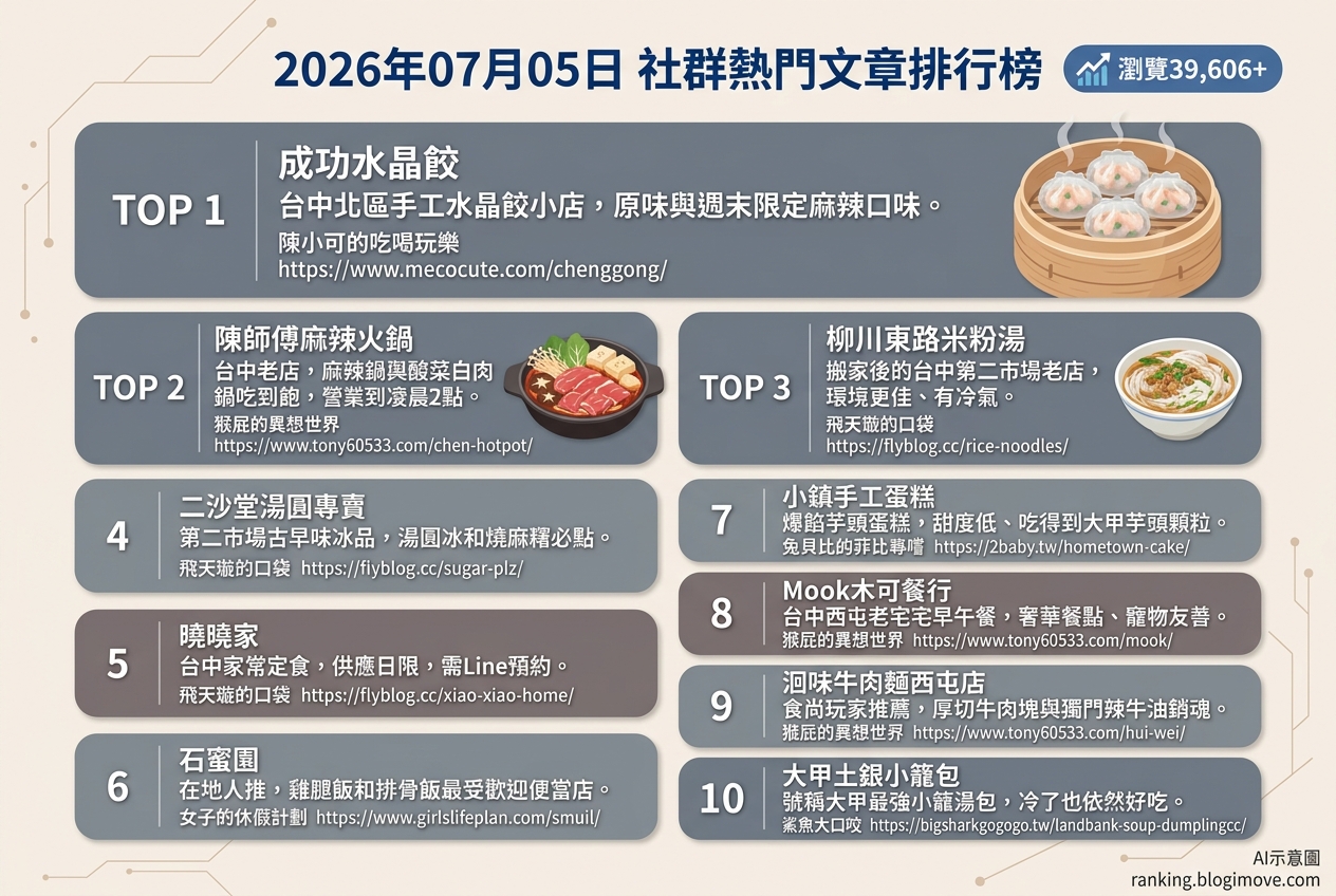2026年07月05日| 台中美食 | 熱門社群文章導讀：台中在地人必吃小吃、麻辣鍋吃到飽與古早味冰品 @Blogimove Ranking