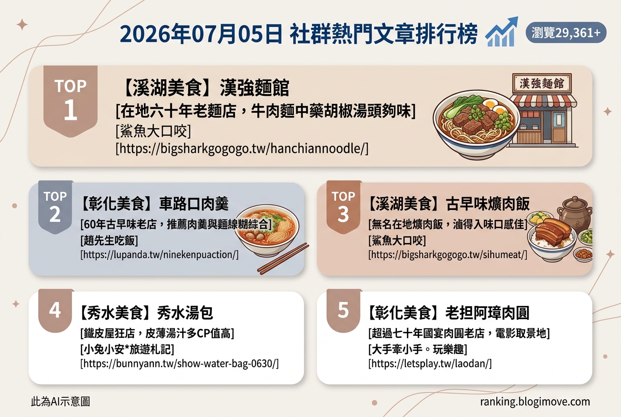 2026年07月05日 | 彰化美食 | 熱門社群文章導讀：在地六十年人氣老店、國宴指定肉圓與古早味湯包 @Blogimove Ranking