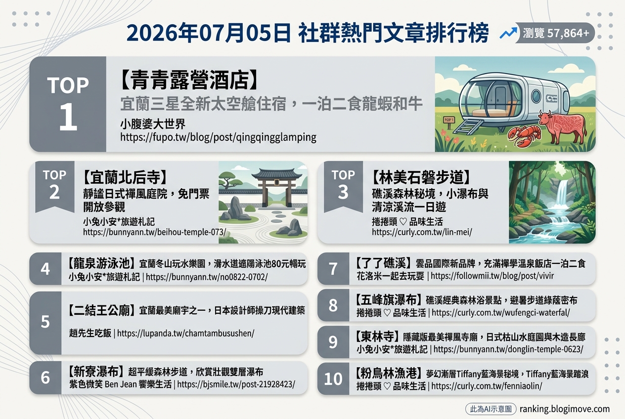 2026年07月05日| 宜蘭景點 | 熱門社群文章導讀：宜蘭住宿、山林秘境與沁涼玩水景點熱議 @Blogimove Ranking