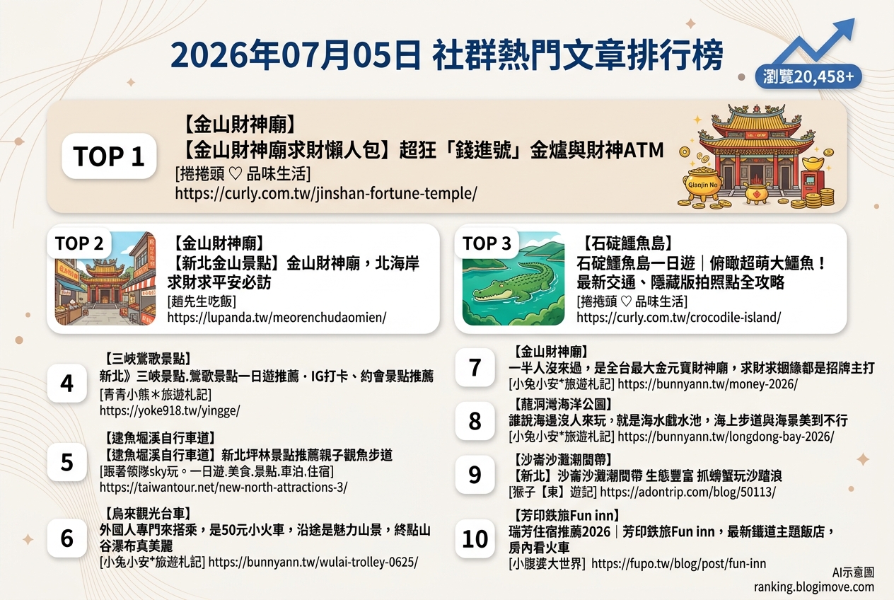 2026年07月05日 | 國內旅遊 | 熱門社群文章導讀：金山財神廟求財攻略、新北景點一日遊與鐵道主題住宿 @Blogimove Ranking