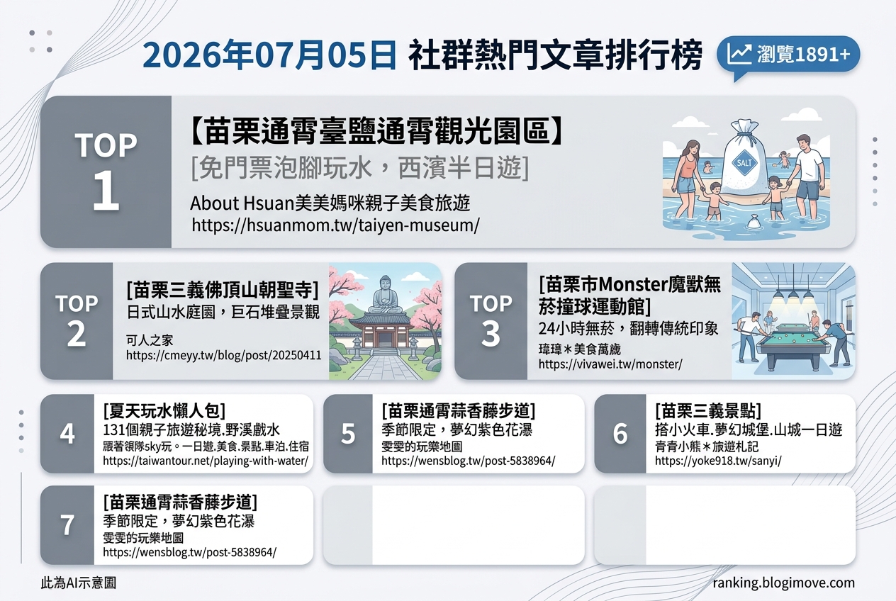 2026年07月05日 | 苗栗景點 | 熱門社群文章導讀：苗栗親子景點、季節限定花況與夏日玩水懶人包 @Blogimove Ranking