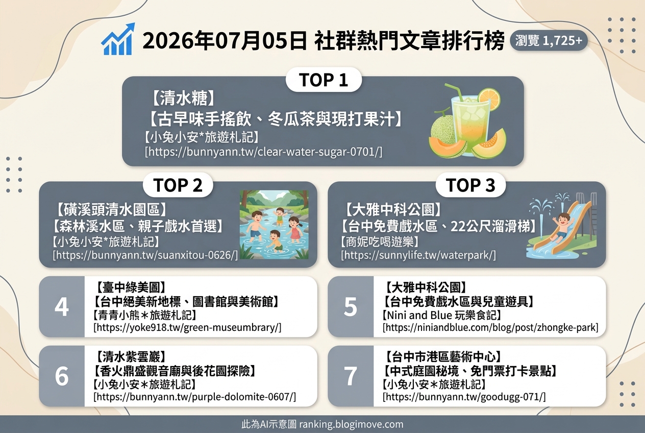 2026年07月05日 | 台中景點 | 熱門社群文章導讀：台中親子戲水、在地美食與藝文景點搶佔話題 @Blogimove Ranking