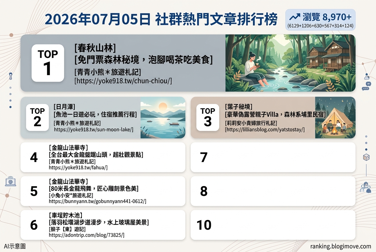 2026年07月05日| 南投景點 | 熱門社群文章導讀：南投秘境、金龍古寺與湖光山色 @Blogimove Ranking