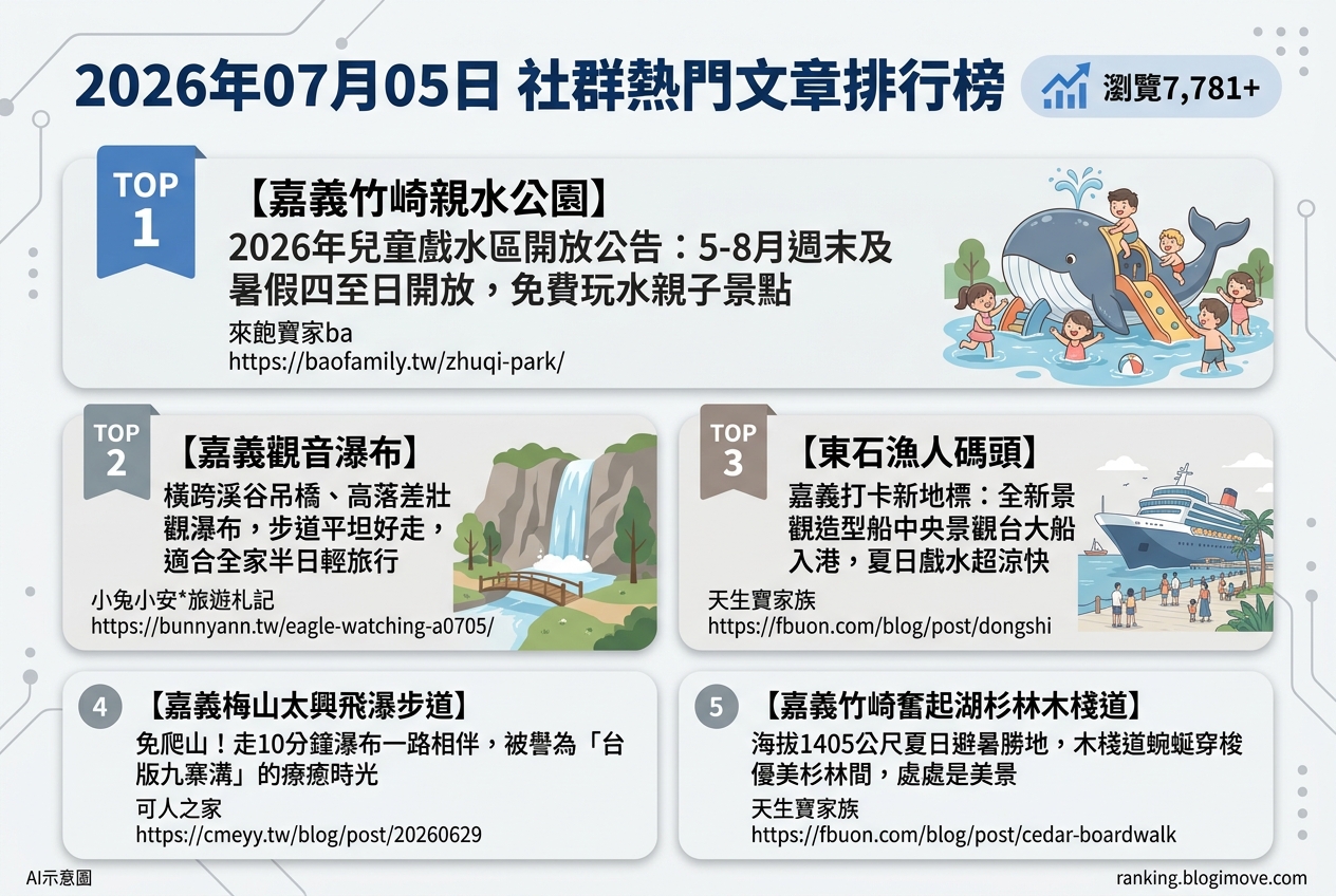 2026年07月05日| 嘉義景點 | 熱門社群文章導讀：夏季玩水、自然景觀與親子樂園。 @Blogimove Ranking