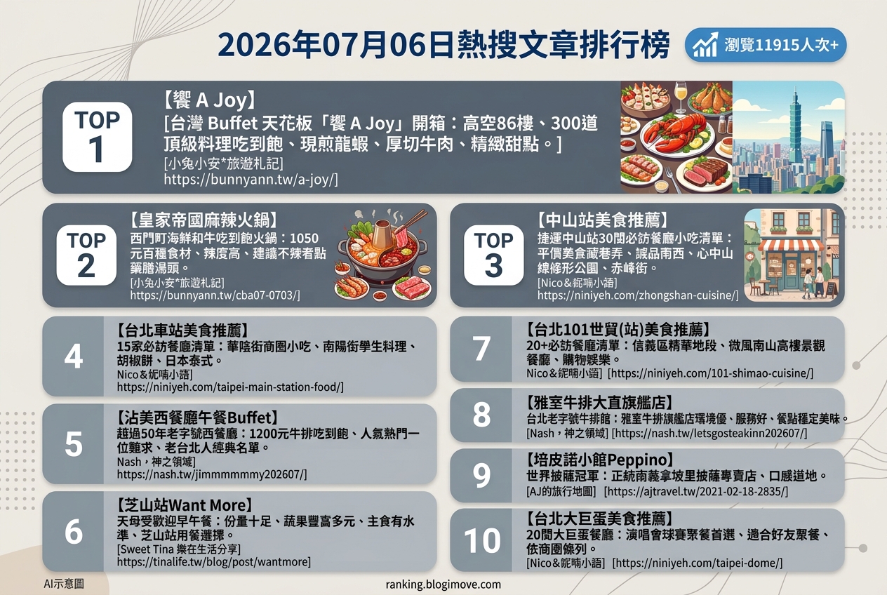 2026年07月06日 | 台北美食 | 熱搜文章導讀：高空饗宴、經典牛排與異國風味吃到飽 @Blogimove Ranking