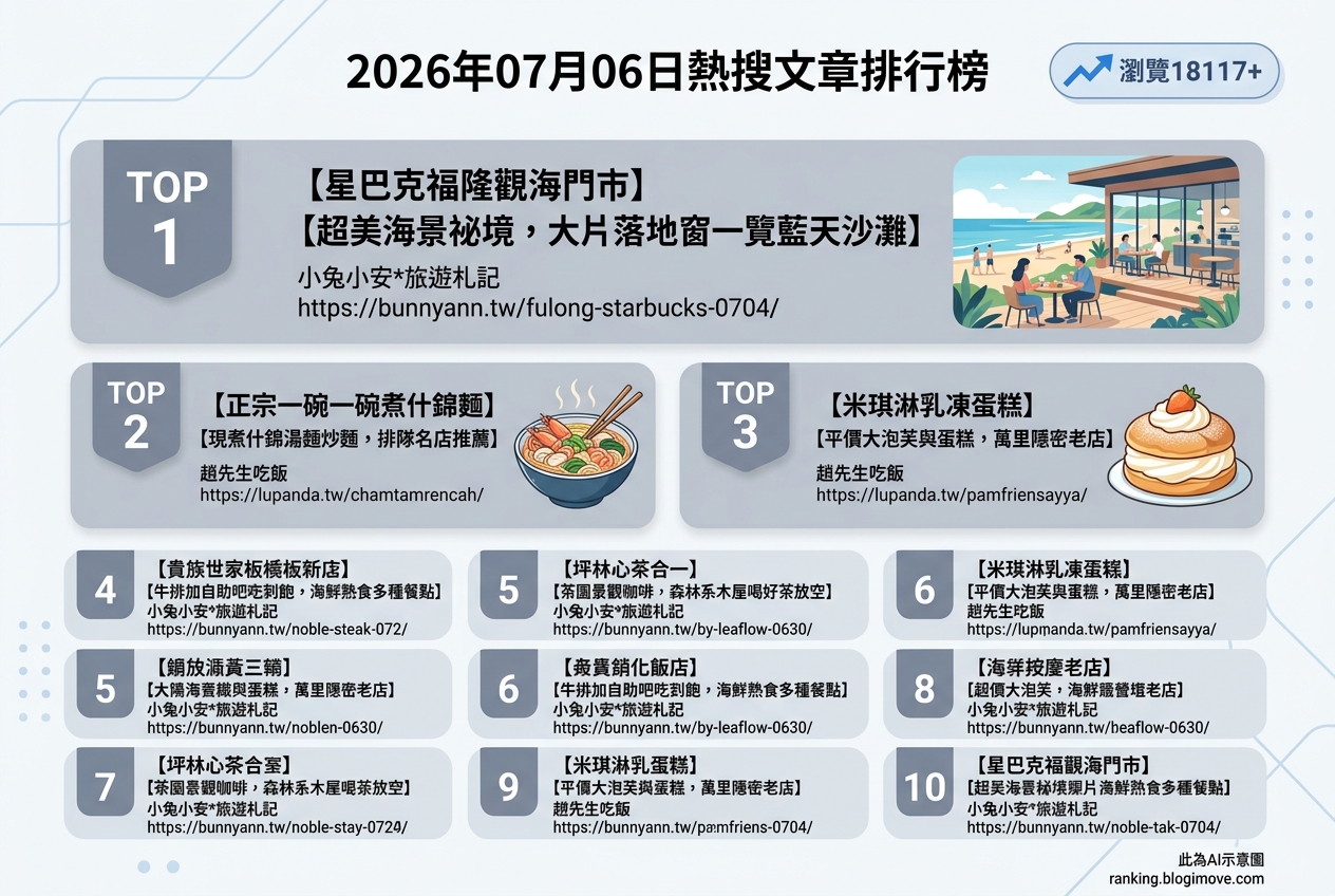 2026年07月06日 | 新北美食 | 熱搜文章導讀：海景咖啡、人氣串燒與港式吃到飽掀熱潮 @Blogimove Ranking