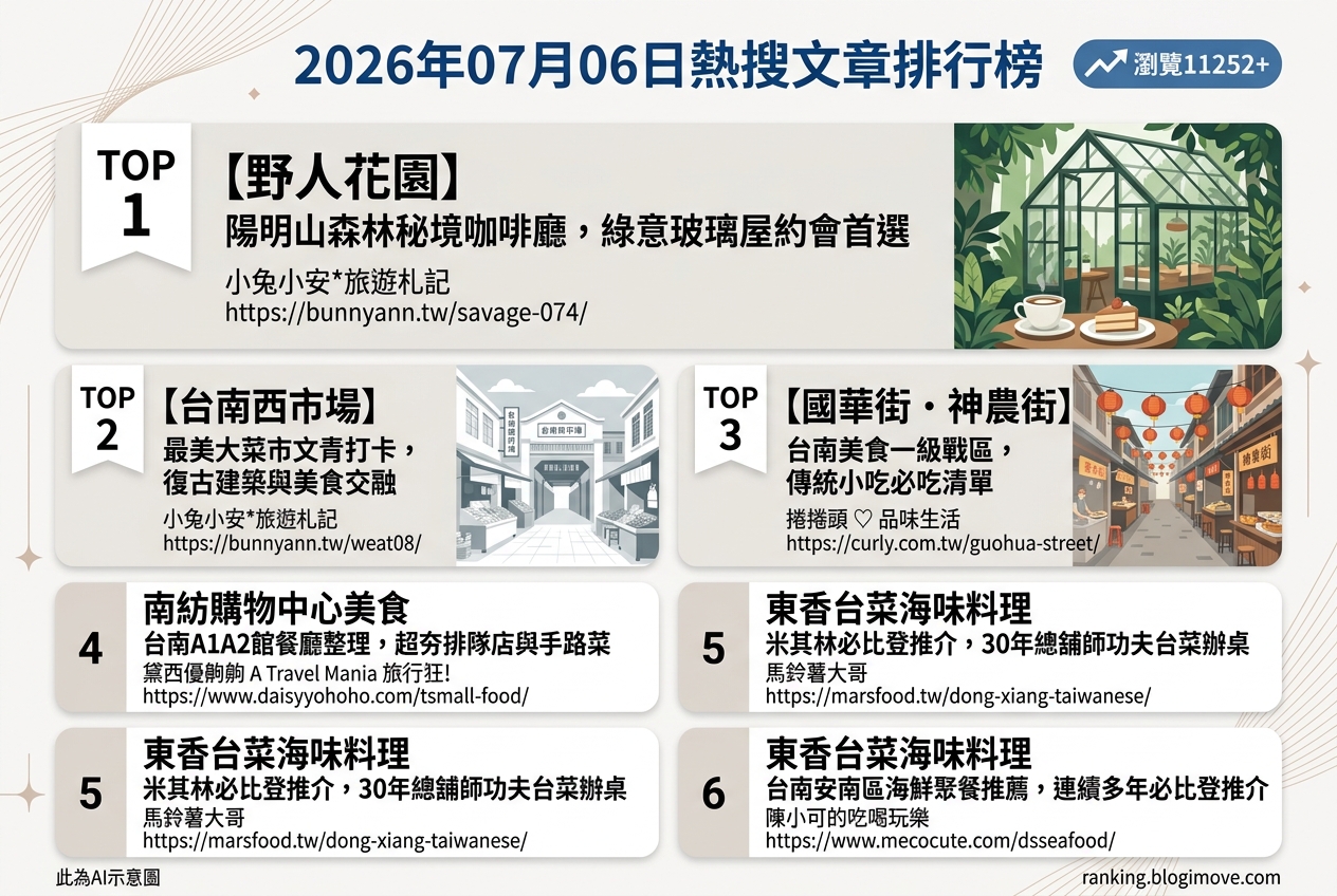 2026年07月06日| 美食 | 熱搜文章導讀：陽明山景觀咖啡廳、台南西市場與國華街人氣美食 @Blogimove Ranking