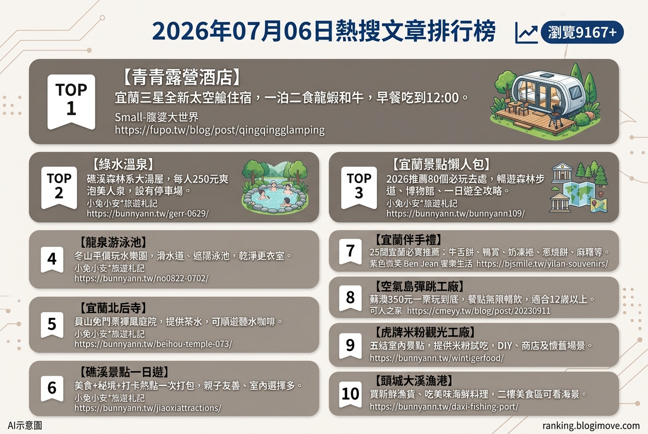 2026年07月06日| 宜蘭景點 | 熱搜文章導讀：宜蘭住宿、玩水樂園與親子景點全攻略 @Blogimove Ranking