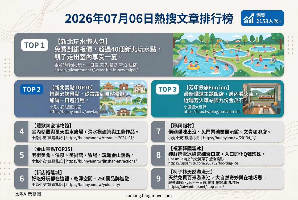 2026年07月06日 | 國內旅遊 | 熱搜文章導讀：新北夏日玩水、在地景點與特色住宿熱度攀升 @Blogimove Ranking
