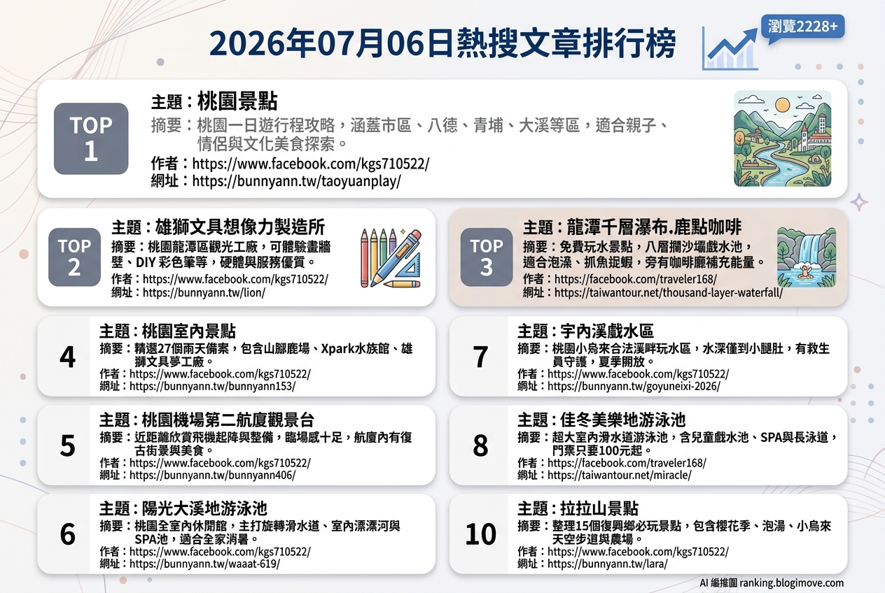 2026年07月06日| 國內旅遊 | 熱搜文章導讀：桃園消暑玩水、親子室內景點與機場觀景樂 @Blogimove Ranking