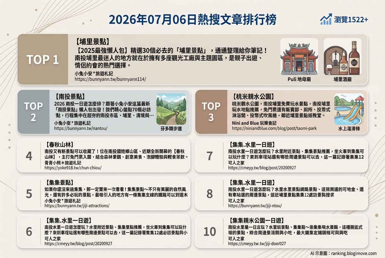 2026年07月06日| 南投景點 | 熱搜文章導讀：埔里新景點、集集一日遊與水上樂園攻略 @Blogimove Ranking