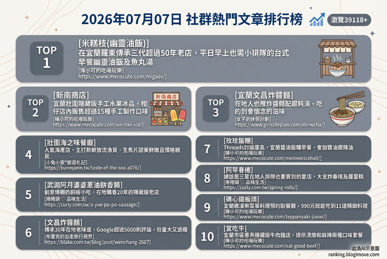 2026年07月07日 | 宜蘭美食 | 熱門社群文章導讀：羅東在地老店、創意銅板小吃與海味饗宴 @Blogimove Ranking