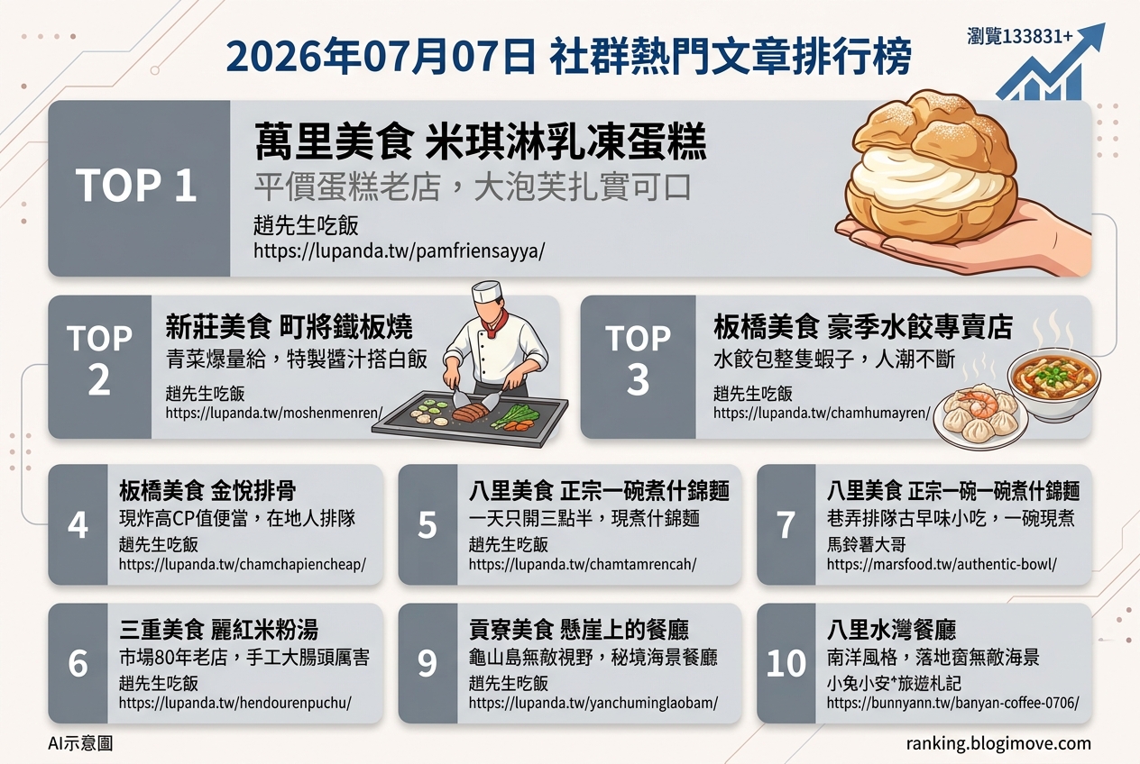 2026年07月07日| 新北美食 | 熱門社群文章導讀：北海岸隱藏美食、板橋平價小吃與八里巨無霸什錦麵。 @Blogimove Ranking