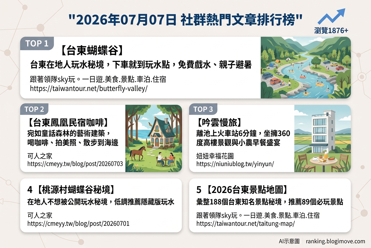 2026年07月07日| 台東旅遊 | 熱門社群文章導讀：台東玩水秘境、藝術咖啡廳與高樓景觀住宿。 @Blogimove Ranking