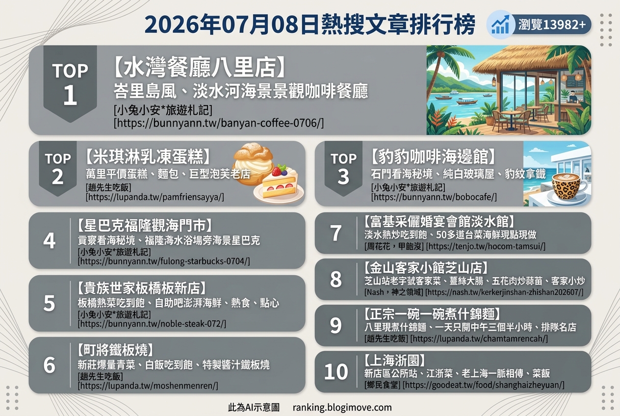 2026年07月08日 | 台灣美食 | 熱搜文章導讀：海景咖啡、吃到飽饗宴與在地老店風味。 @Blogimove Ranking