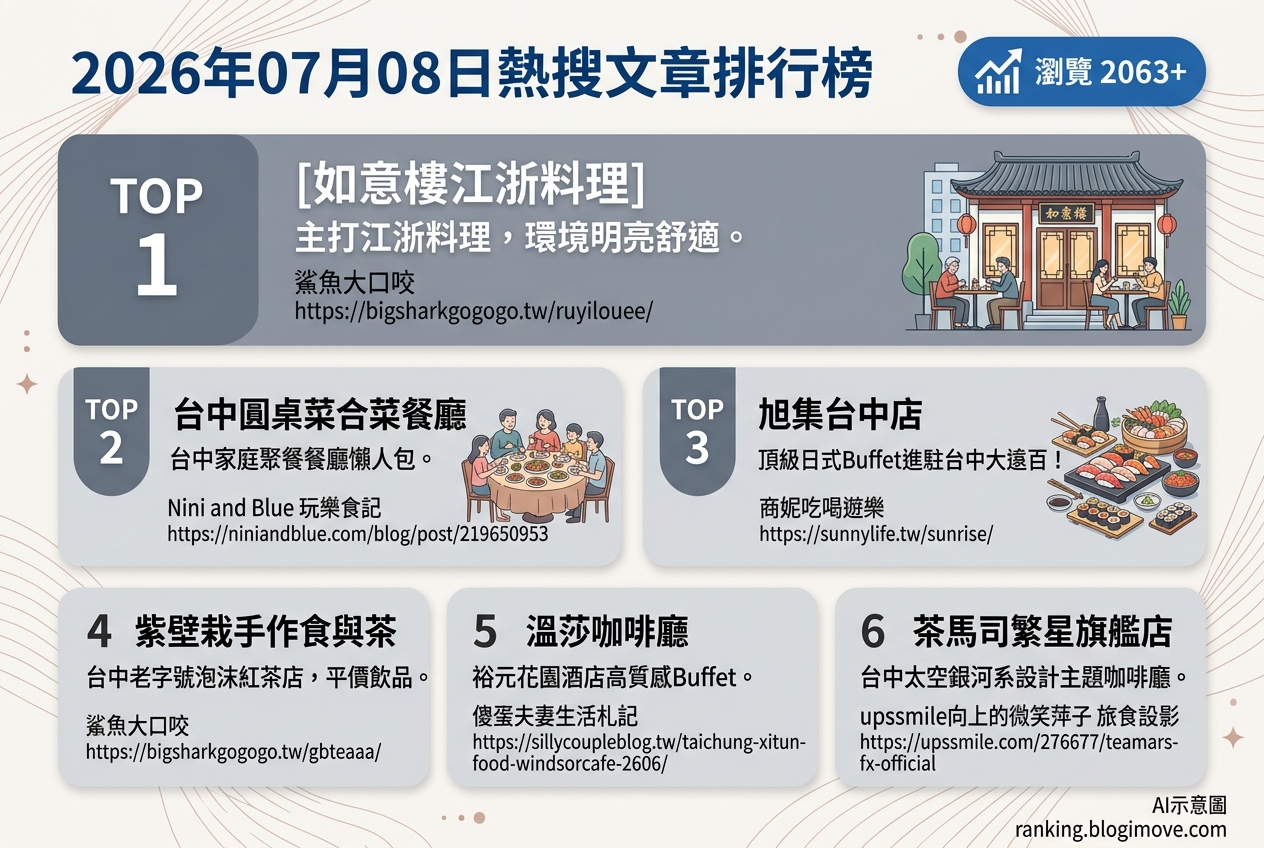 2026年07月08日| 台中美食 | 熱搜文章導讀：江浙老字號、日式Buffet與太空系咖啡廳 @Blogimove Ranking