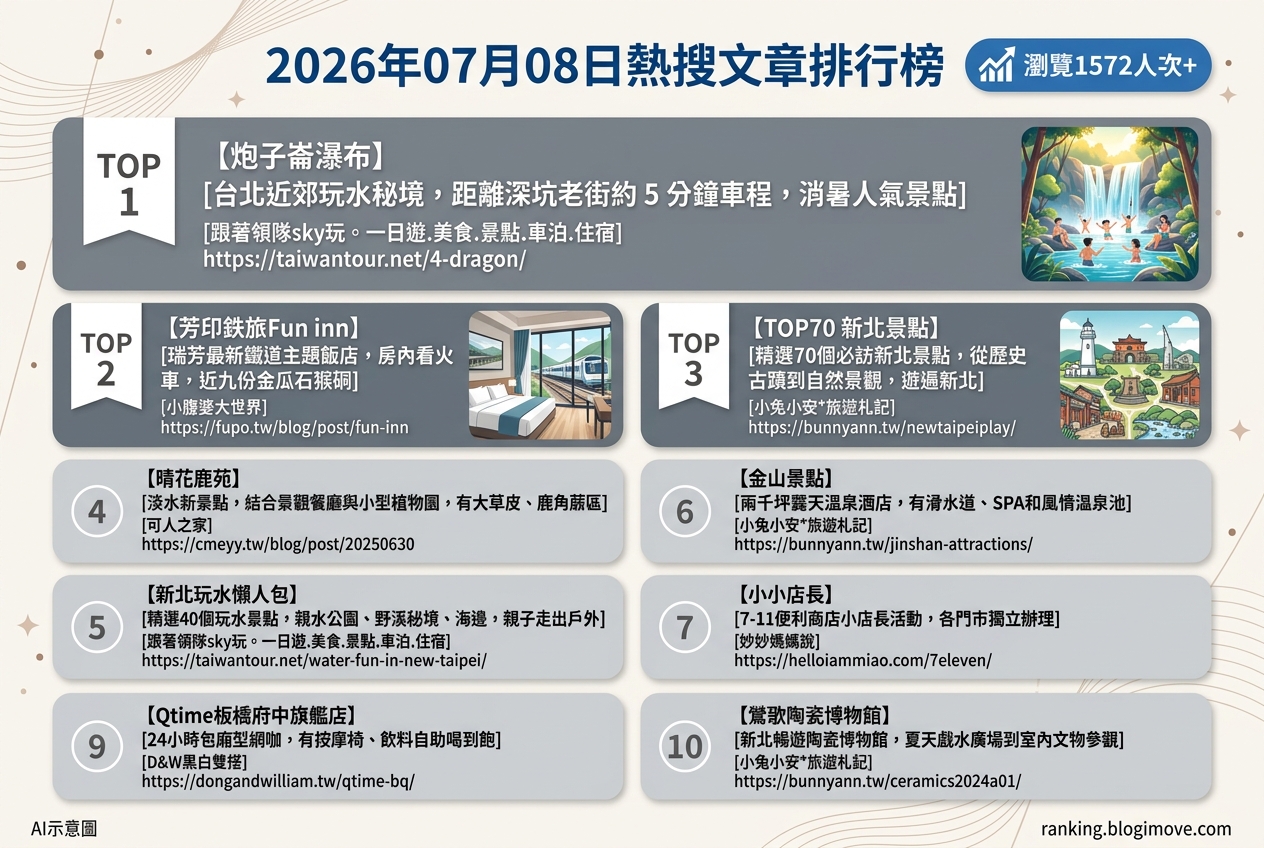 2026年07月08日| 國內旅遊 | 熱搜文章導讀：新北景點、玩水秘境與特色住宿精選 @Blogimove Ranking