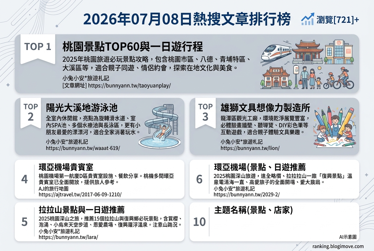 2026年07月08日| 國內旅遊 | 熱門搜尋文章導讀：桃園景點、水上樂園與機場貴賓室資訊。 @Blogimove Ranking