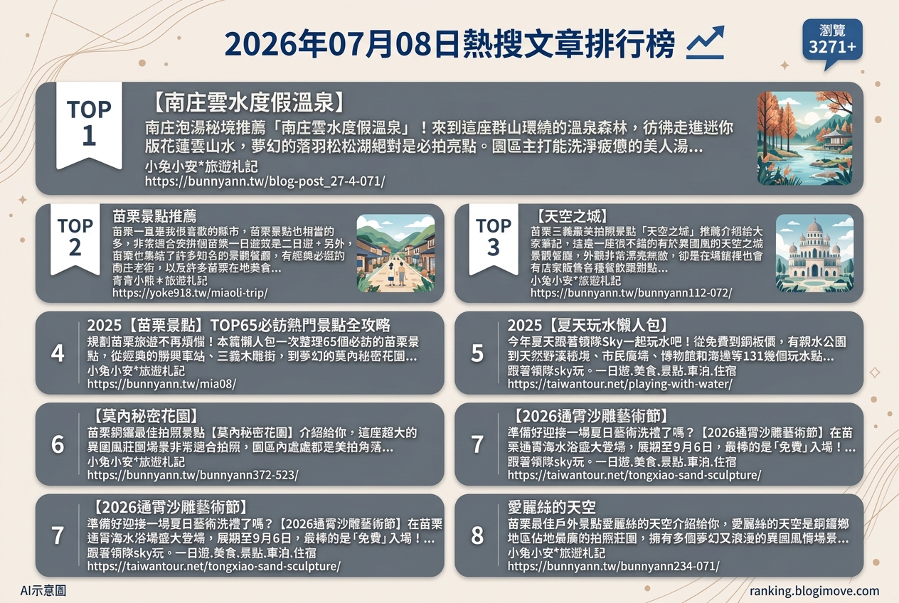2026年07月08日 | 苗栗景點 | 熱搜文章導讀：露天風呂、季節慶典與異國風莊園。 @Blogimove Ranking