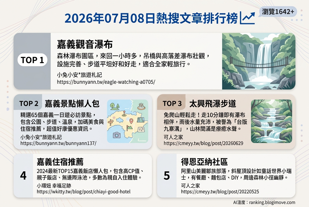 2026年07月08日 | 嘉義景點 | 熱搜文章導讀：嘉義觀音瀑布、太興飛瀑步道與台版合掌村人氣攀升 @Blogimove Ranking