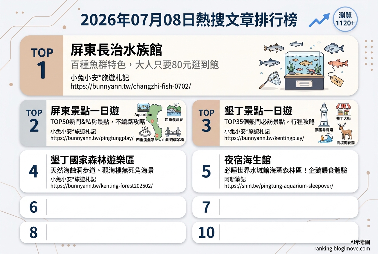 2026年07月08日| 屏東景點 | 熱搜文章導讀：親民水族館、墾丁熱門景點與海生館夜宿。 @Blogimove Ranking