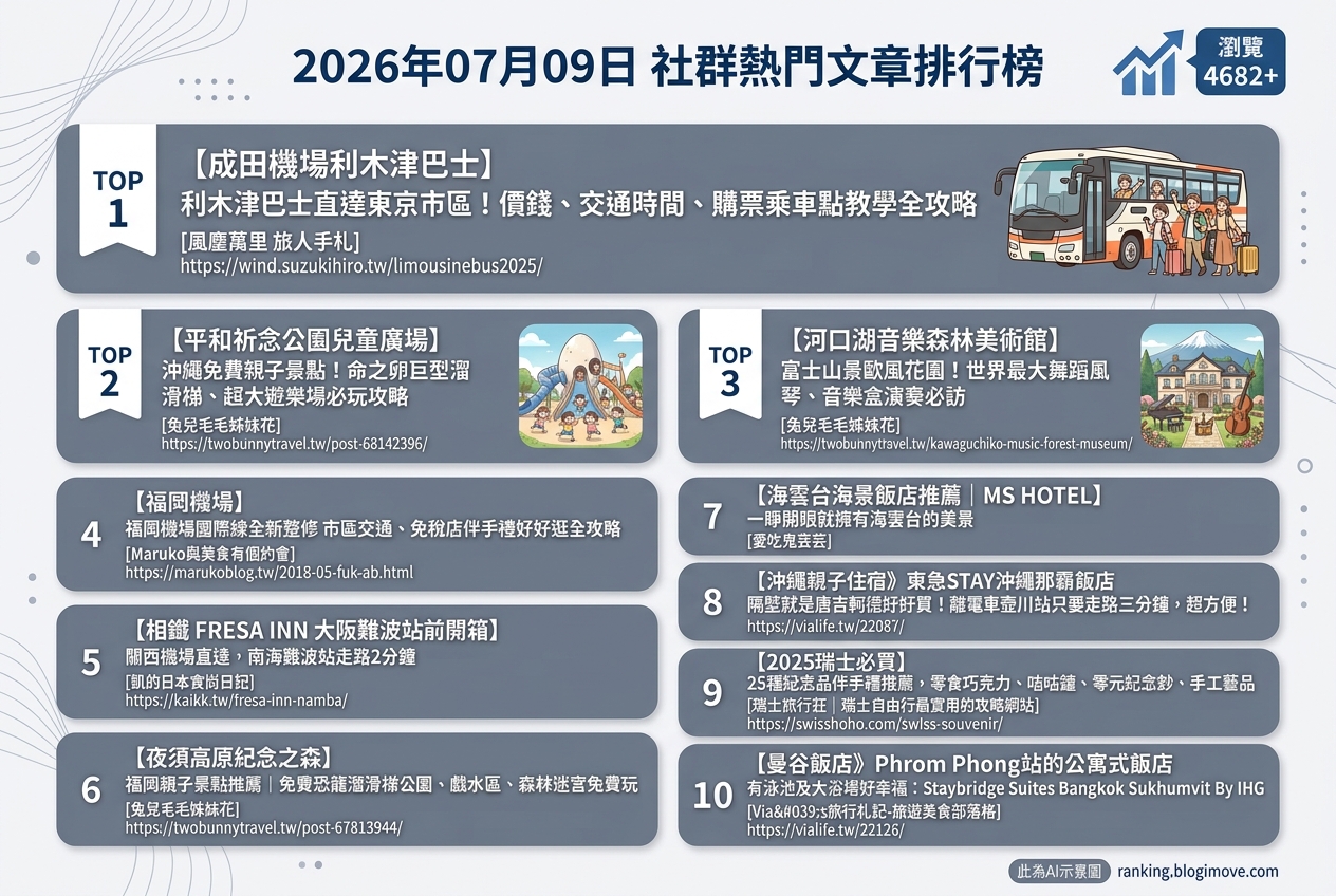 2026年07月09日 | 國外旅行 | 熱門社群文章導讀：日本住宿、沖繩親子遊與釜山海景飯店成焦點 @Blogimove Ranking