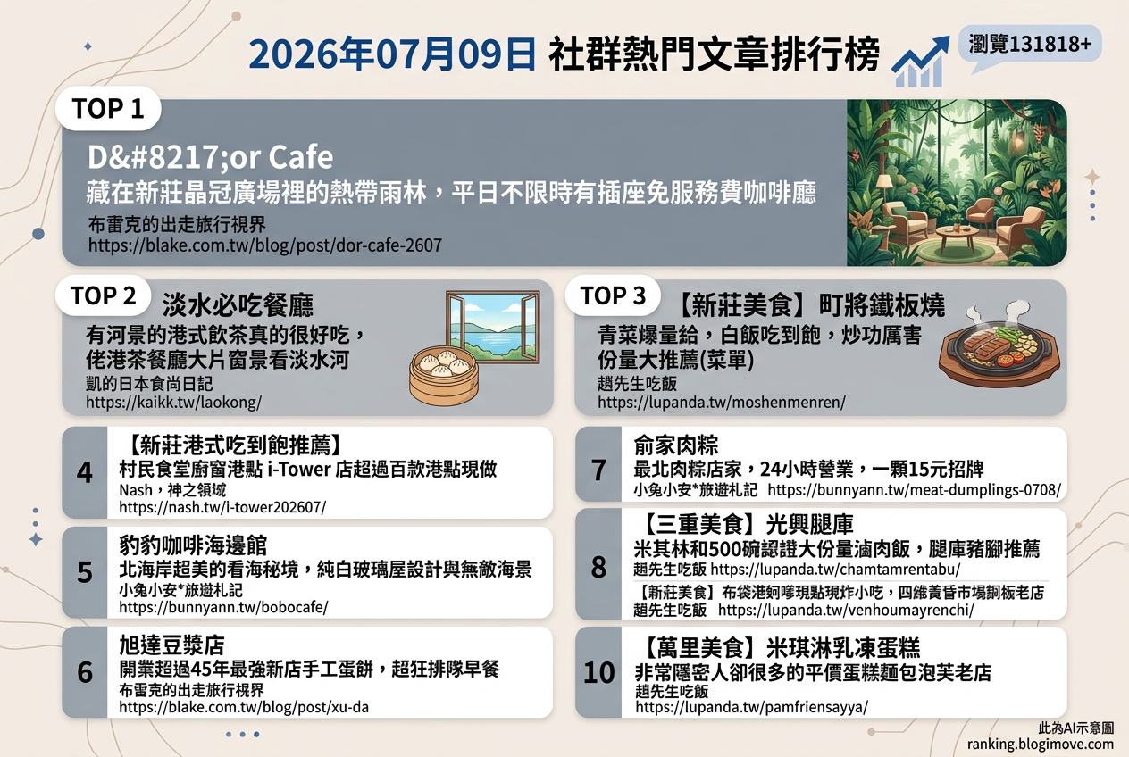 2026年07月09日 | 新北美食 | 熱門社群文章導讀：北海岸海景咖啡、新莊人氣港點與淡水河景美食 @Blogimove Ranking