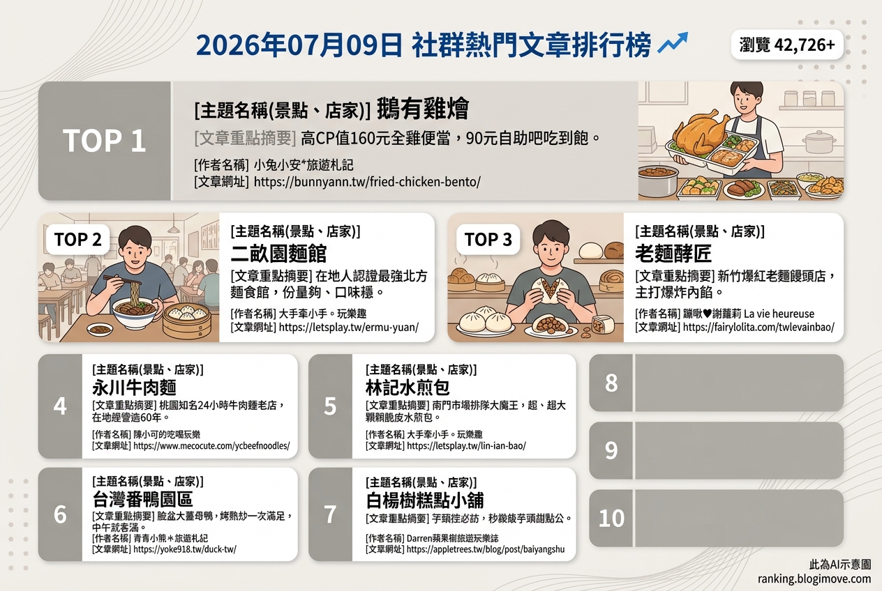 2026年07月09日| 桃園美食 | 熱門社群文章導讀：超值全雞便當、在地麵食名店與爆餡饅頭引爆討論 @Blogimove Ranking