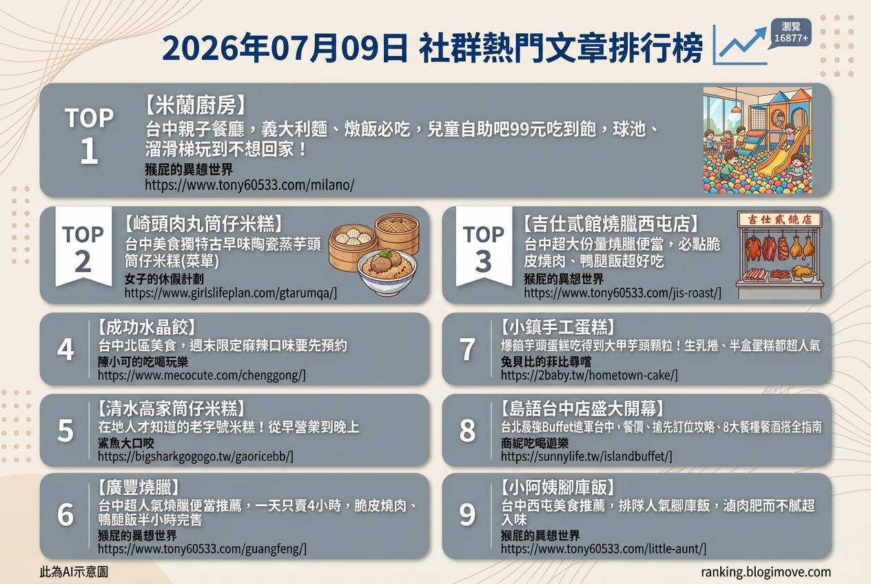 2026年07月09日| 台中美食 | 熱門社群文章導讀：台中親子餐廳、燒臘便當與特色米糕掀起討論熱潮 @Blogimove Ranking